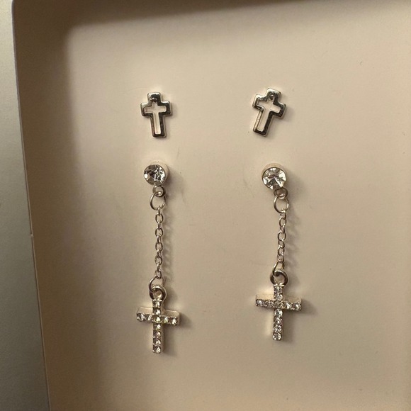 NWT Claire's Cross Earrings Set Silver Tone Stud & Dangle Religious Jewelry - Picture 1 of 3